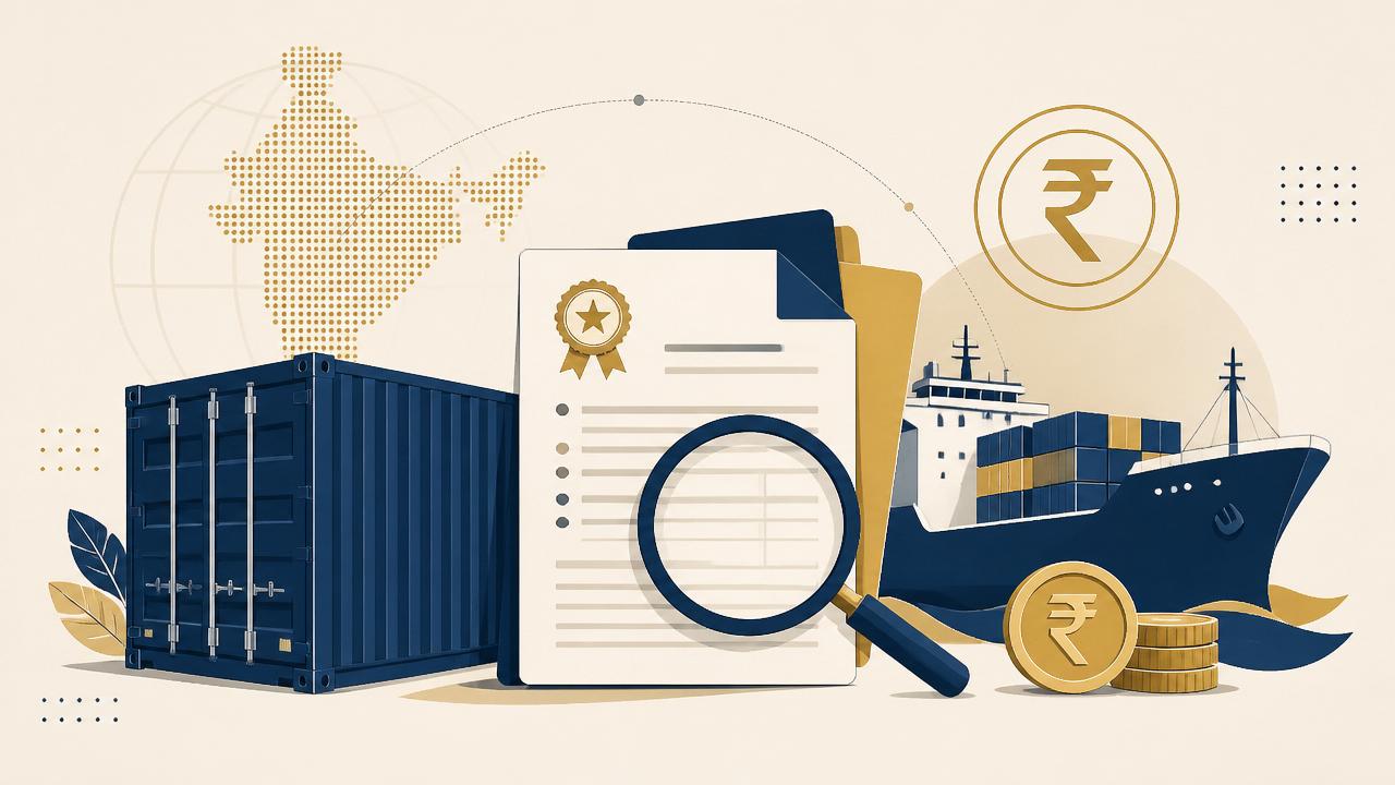 International shipment documentation toolkit with shipping container, customs papers, cargo ship, and Indian rupee symbols